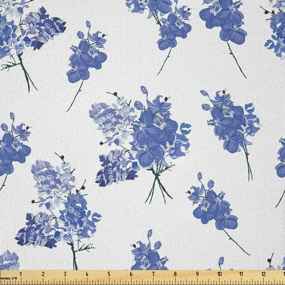 Ambesonne Floral Fabric by the Yard Microfiber, Early Purple Orchids, 3 Yards, Blue Grey and Violet
