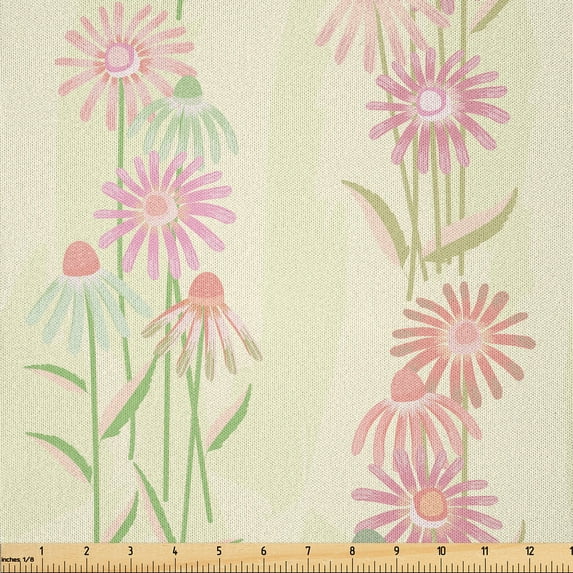 Ambesonne Floral Fabric by the Yard Microfiber, Echinacea Flowers Pattern, 2 Yards, Pastel Pink and Pale Green