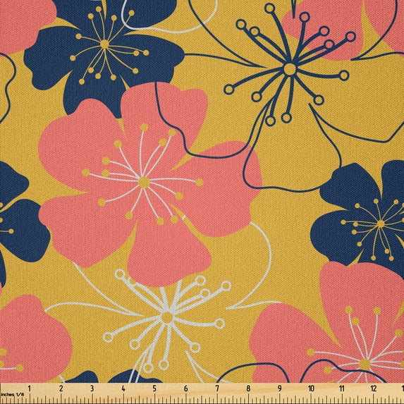 Ambesonne Floral Fabric by the Yard Microfiber, Flower Drawings Vintage Art, 1 Yard, Earth Yellow and Night Blue
