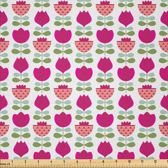 Ambesonne Floral Fabric by the Yard Microfiber, Flower Leaf Scandinavian Art, 5 Yards, Magenta Pale Olive Green