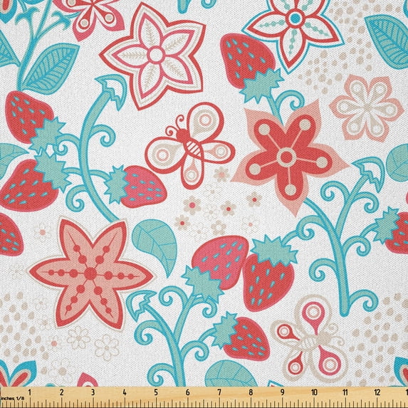 Ambesonne Floral Fabric by the Yard Microfiber, Flowers Berries, 10 Yards, Dark Coral Aqua