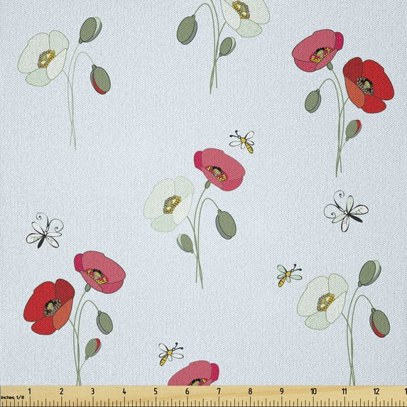 Ambesonne Floral Fabric by the Yard Microfiber, Flowers Butterflies Motif, 1 Yard, Pale Blue Pale Ruby