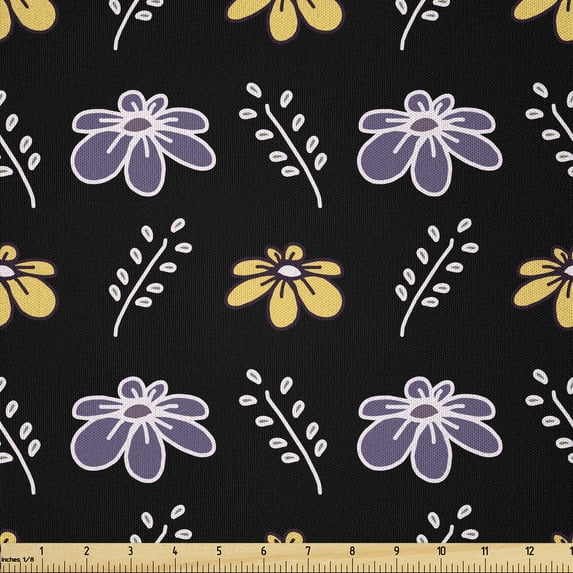 Ambesonne Floral Fabric by the Yard Microfiber, Flowers Leaf Darkened Back, 3 Yards, Charcoal Grey and Mauve