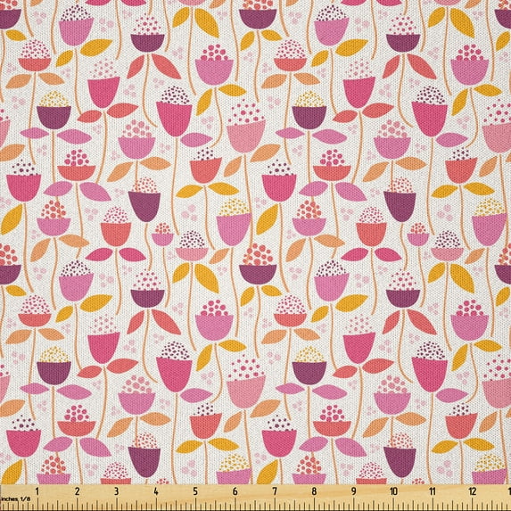 Ambesonne Floral Fabric by the Yard Microfiber, Flowers Leaves Minimalist, 1 Yard, Pastel Pink and Dark Peach