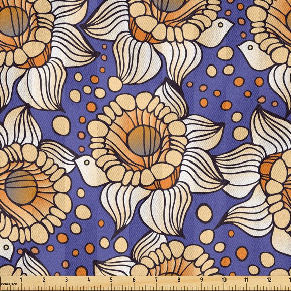 Ambesonne Floral Fabric by the Yard Microfiber, Flowers Round Spots, 10 Yards, Dark Lavender Orange