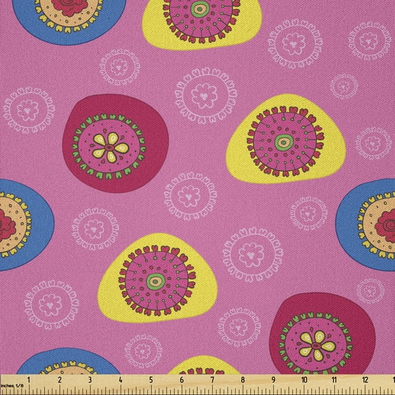 Ambesonne Floral Fabric by the Yard Microfiber, Flowers in Circular Shapes, 3 Yards, Pink Yellow Dark Coral