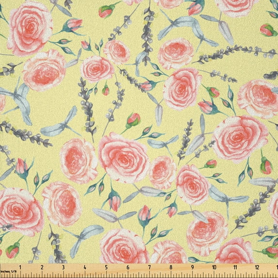 Ambesonne Floral Fabric by the Yard Microfiber, Garden Art Romantic Elements, 1 Yard, Pale Yellow and Burnt Sienna