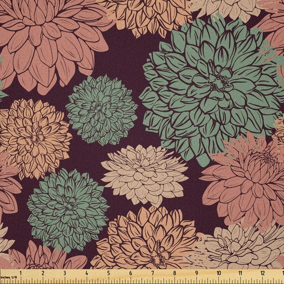 Ambesonne Floral Fabric by the Yard Microfiber, Graphical Detailed Flowers, 10 Yards, Maroon Multicolor