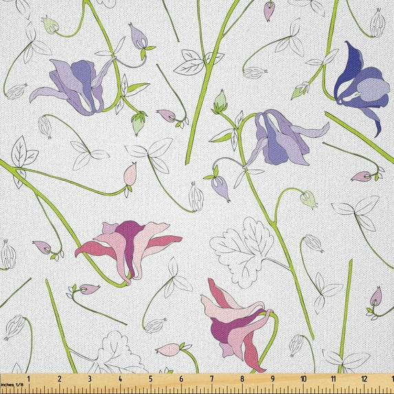 Ambesonne Floral Fabric by the Yard Microfiber, Hand Drawn Aquilegia Flower, 3 Yards, Blue Violet Green