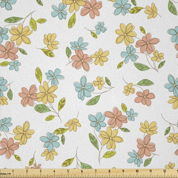 Ambesonne Floral Fabric by the Yard Microfiber, Hand Drawn Doodle Daisies, 1 Yard, Peach Seafoam