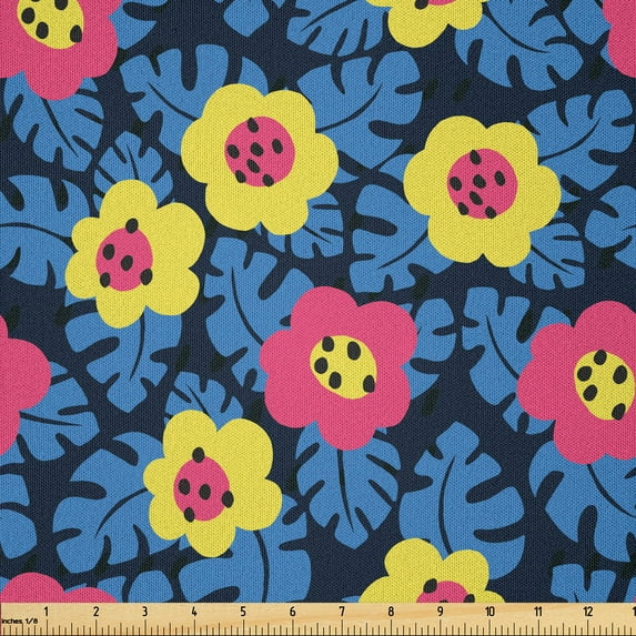 Ambesonne Floral Fabric by the Yard Microfiber, Hand Drawn Simplistic Flower, 10 Yards, Azure Blue Yellow Coral