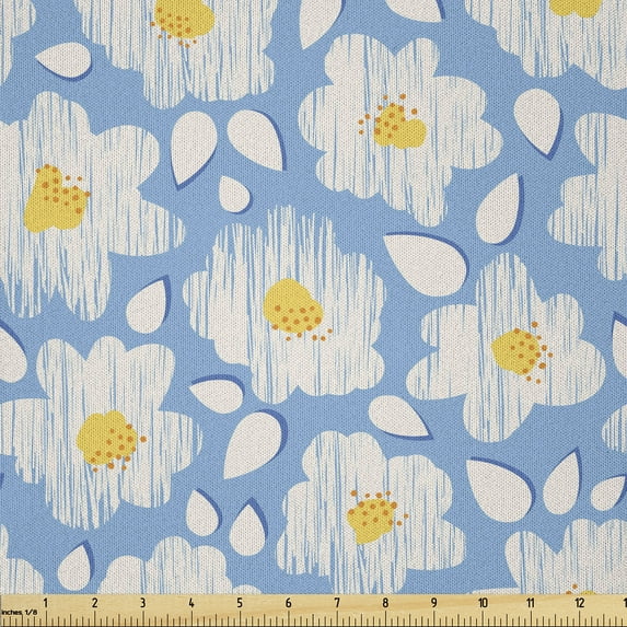 Ambesonne Floral Fabric by the Yard Microfiber, Happy Pastel Daisy Flowers, 1 Yard, Mustard Pale Sky Blue