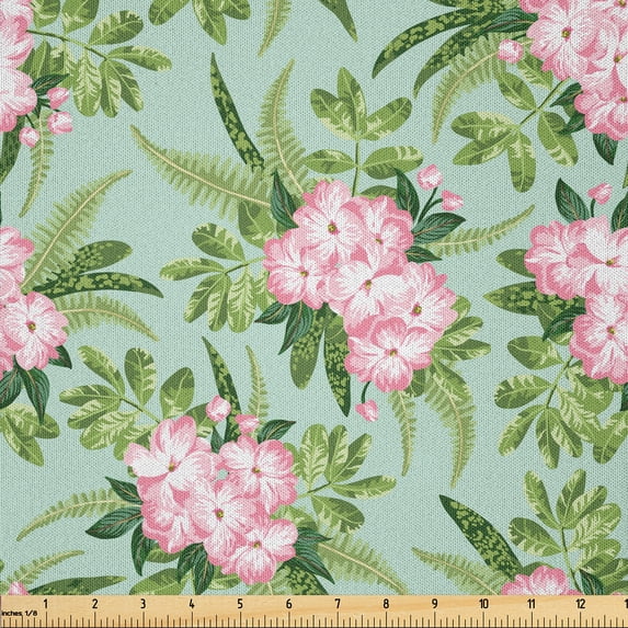 Ambesonne Floral Fabric by the Yard Microfiber, Hibiscus Blooming Bouquets, 3 Yards, Olive Green Seafoam Pink