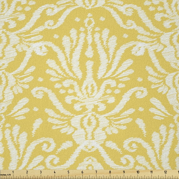 Ambesonne Floral Fabric by the Yard Microfiber, Ikat Damask Floral Graphic, 2 Yards, Mustard Ivory