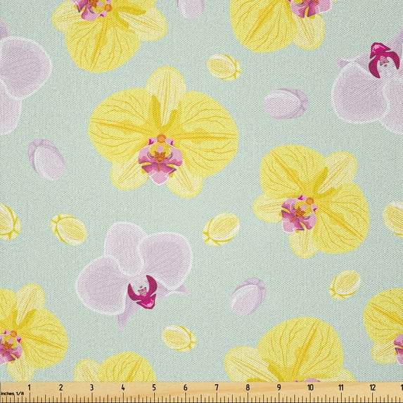 Ambesonne Floral Fabric by the Yard Microfiber, Japanese Blooming Orchid, 10 Yards, Mint Green and Pastel Yellow