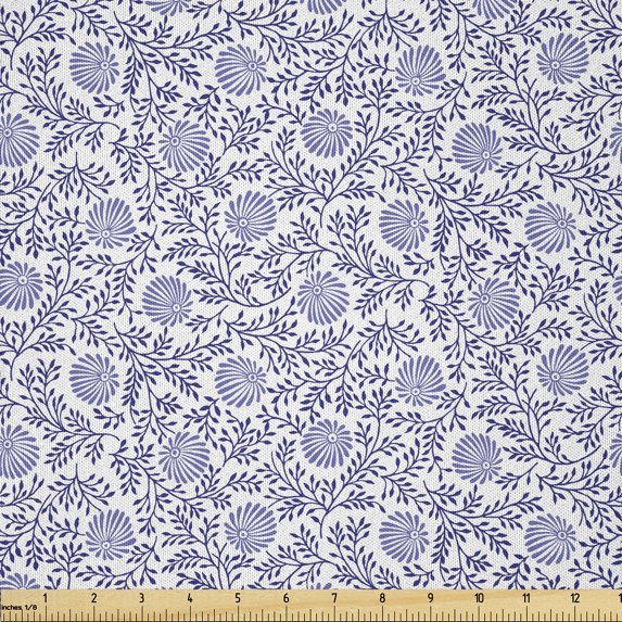 Ambesonne Floral Fabric by the Yard Microfiber, Japanese Bluebell Motif, 1 Yard, Dark Blue Muave White