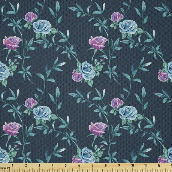Ambesonne Floral Fabric by the Yard Microfiber, Lilac Roses Leaves Pattern, 1 Yard, Pale Purple and Petrol Blue