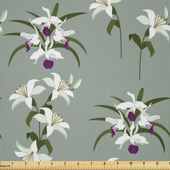 Ambesonne Floral Fabric by the Yard Microfiber, Lily Blossom Branches Petals, 10 Yards, Purple Pale Sage Green
