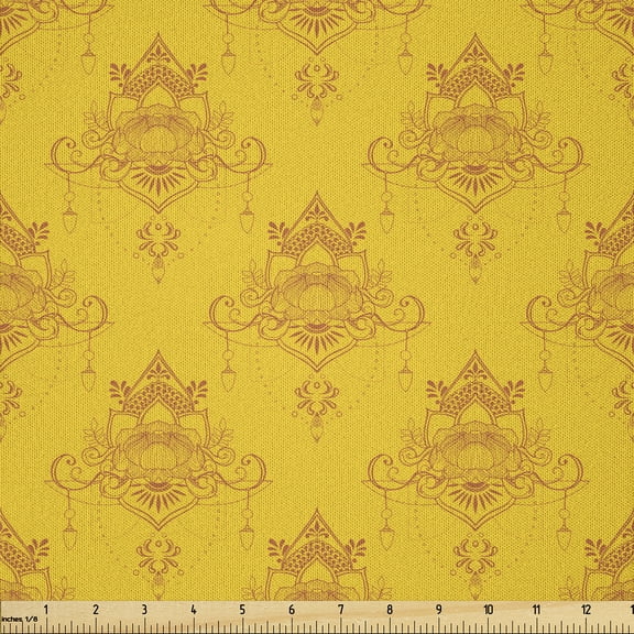 Ambesonne Floral Fabric by the Yard Microfiber, Lotus Mandala Flowers Art, 1 Yard, Earth Yellow and Orange