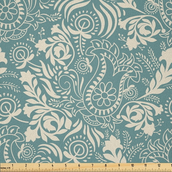 Ambesonne Floral Fabric by the Yard Microfiber, Marrakech Paisley, 1 Yard, Teal and Beige
