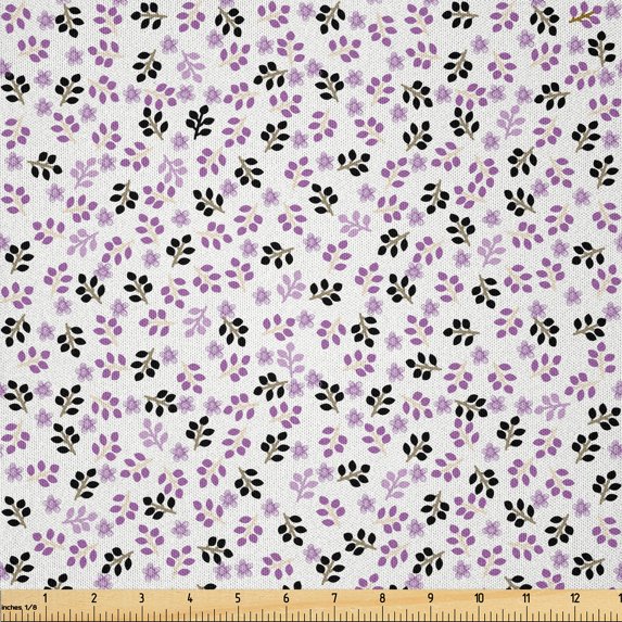 Ambesonne Floral Fabric by the Yard Microfiber, Minimal Flowers and Leaves, 1 Yard, Charcoal Grey and Pale Purple