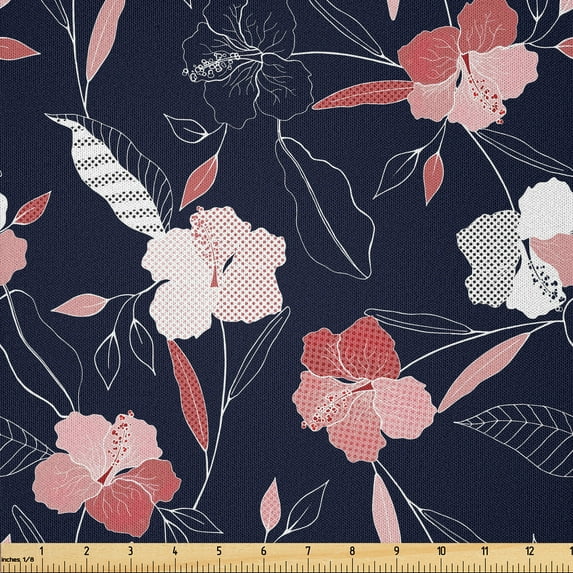 Ambesonne Floral Fabric by the Yard Microfiber, Modernistic Delicate Flowers, 2 Yards, Indigo Pale Ruby