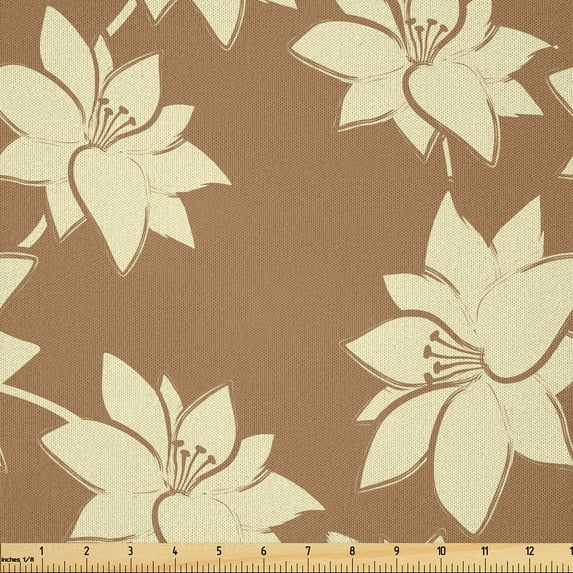 Ambesonne Floral Fabric by the Yard Microfiber, Monochrome Grunge Flowers, 5 Yards, Dark Khaki and Pale Yellow