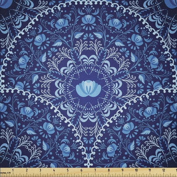 Ambesonne Floral Fabric by the Yard Microfiber, Oriental Circular Design, 1 Yard, Navy Blue White and Blue