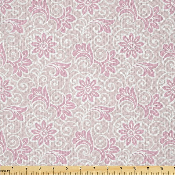 Ambesonne Floral Fabric by the Yard Microfiber, Ornamental Damask Stencil, 2 Yards, Blush Dried Rose