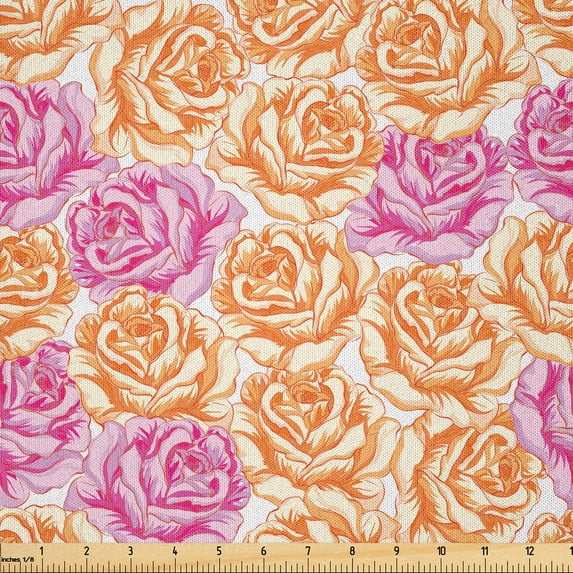 Ambesonne Floral Fabric by the Yard Microfiber, Overlapping Colorful Roses, 3 Yards, Marigold and Hot Pink