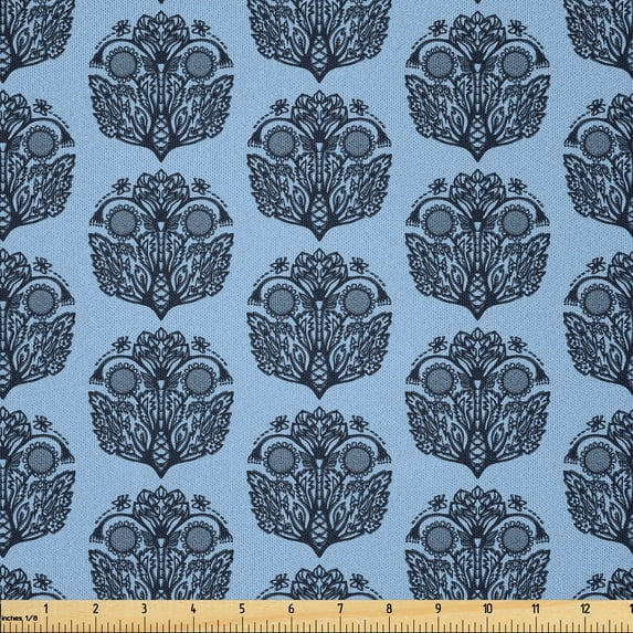 Ambesonne Floral Fabric by the Yard Microfiber, Paisley Hand-Drawn Pattern, 5 Yards, Pale Azure Blue Lavender
