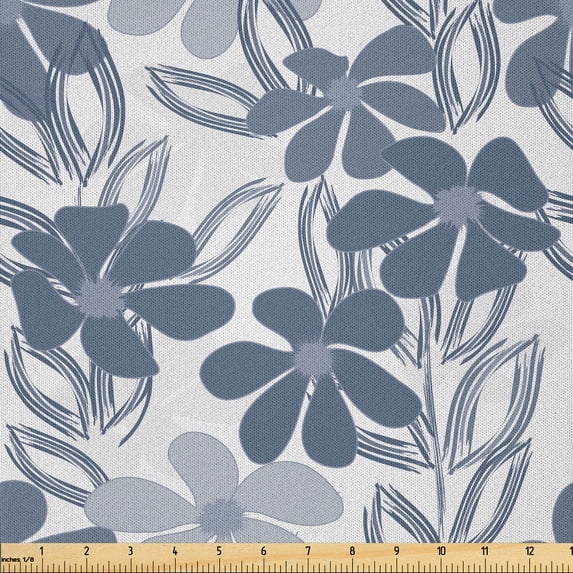 Ambesonne Floral Fabric by the Yard Microfiber, Pastel Colors with Leaves, 5 Yards, Pale Grey Slate Blue