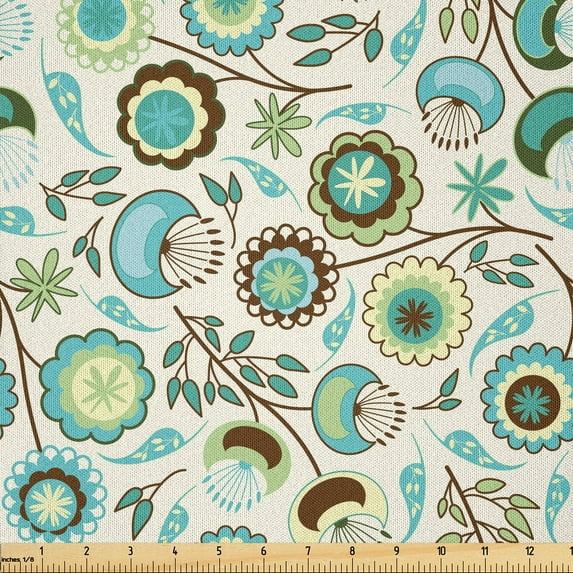 Ambesonne Floral Fabric by the Yard Microfiber, Pastel Nature, 1 Yard, Mint Green Sky Blue