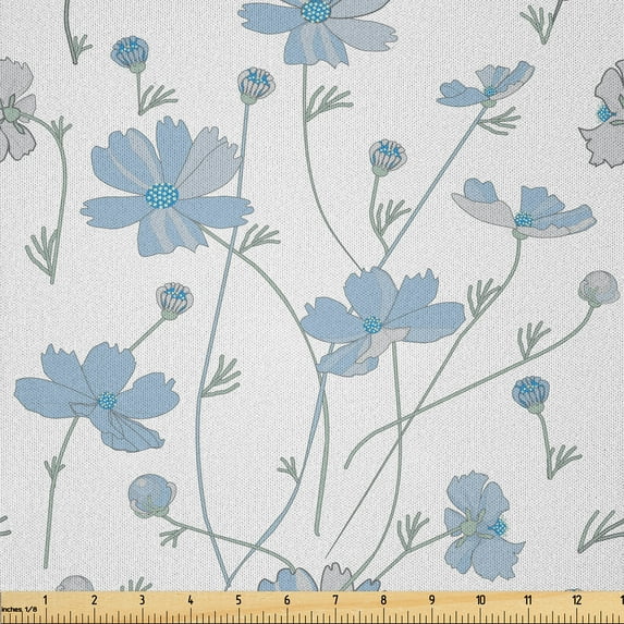 Ambesonne Floral Fabric by the Yard Microfiber, Pattern of Cosmos Flower Art, 2 Yards, Off White and Sea Blue