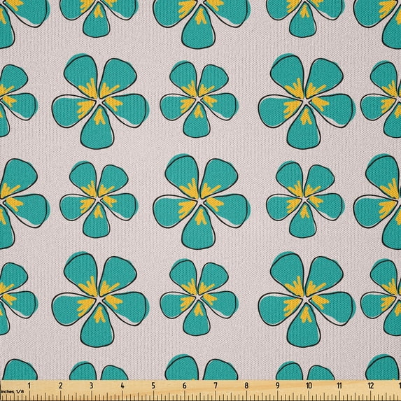 Ambesonne Floral Fabric by the Yard Microfiber, Pattern of Green Flowers, 2 Yards, Pale Tan and Dark Seafoam