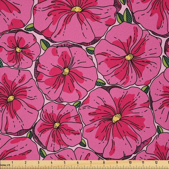 Ambesonne Floral Fabric by the Yard Microfiber, Pinkish Meadow Blooms Poppy, 5 Yards, Magenta Mustard