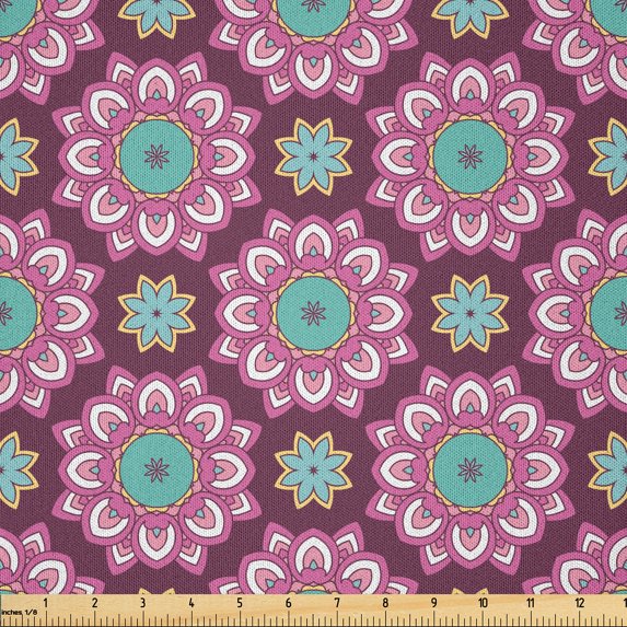 Ambesonne Floral Fabric by the Yard Microfiber, Psychedelic Trippy Blossom, 10 Yards, Eggplant Cadet Blue