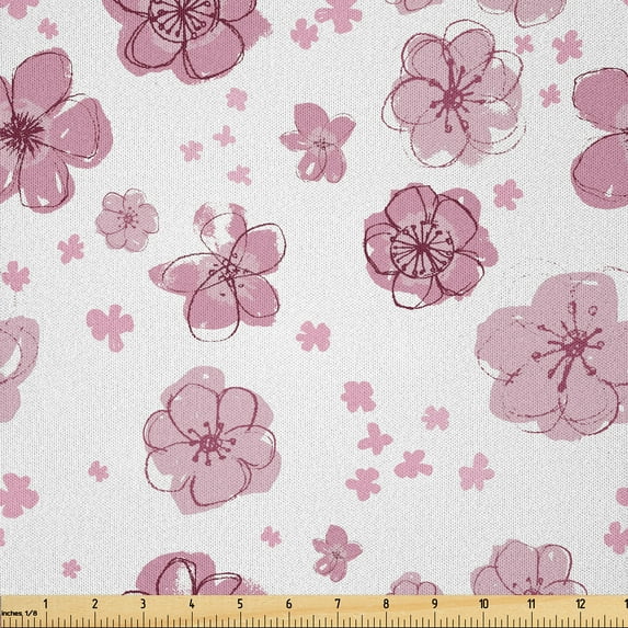 Ambesonne Floral Fabric by the Yard Microfiber, Repeating Magenta Flowers, 3 Yards, Soft Pink and Dried Rose
