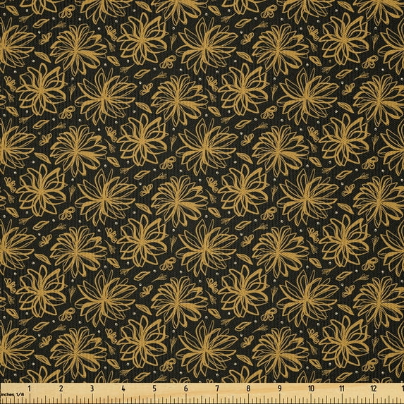 Ambesonne Floral Fabric by the Yard Microfiber, Repeating Retro Flowers Art, 3 Yards, Camel Charcoal Grey