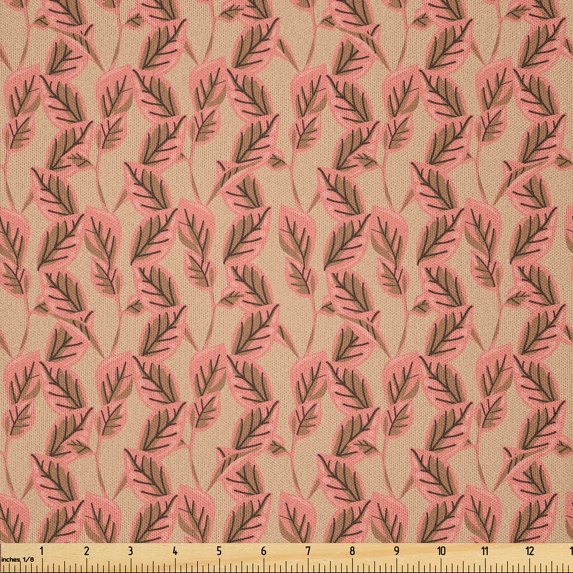 Ambesonne Floral Fabric by the Yard Microfiber, Repeating Swirly Leaves Art, 2 Yards, Pastel Brown and Blush