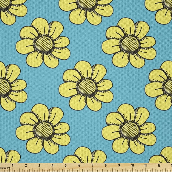 Ambesonne Floral Fabric by the Yard Microfiber, Retro Yellow Daisy Flowers, 1 Yard, Sky Blue Yellow Dark Grey