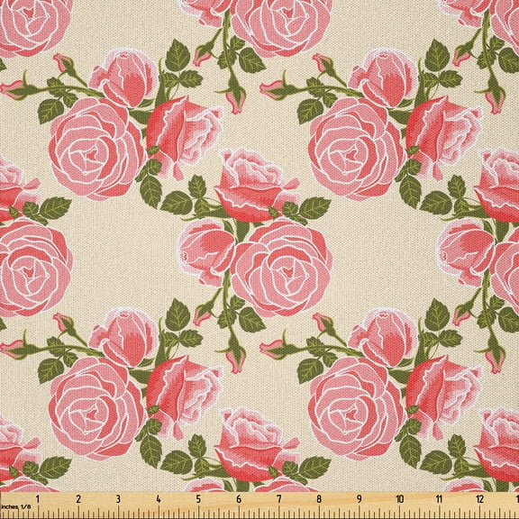 Ambesonne Floral Fabric by the Yard Microfiber, Rose Flower Net Look Art, 1 Yard, Champagne Burnt Sienna