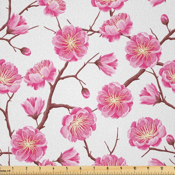 Ambesonne Floral Fabric by the Yard Microfiber, Sakura Flower Blossom Branch, 2 Yards, Dark Mauve and Pink