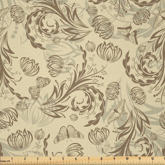 Ambesonne Floral Fabric by the Yard Microfiber, Silhouette Plants Leaf, 10 Yards, Beige Umber and Pearl