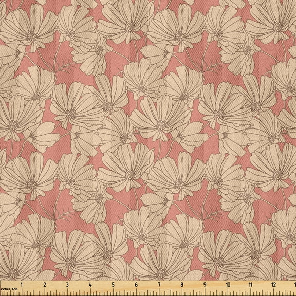 Ambesonne Floral Fabric by the Yard Microfiber, Simplistic Nostalgic Flowers, 1 Yard, Champagne Coral