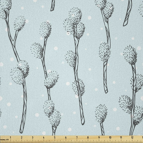 Ambesonne Floral Fabric by the Yard Microfiber, Spring Willow Branches Dots, 2 Yards, Pale Blue Dark Blue Grey