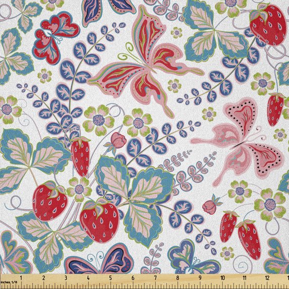 Ambesonne Floral Fabric by the Yard Microfiber, Strawberries Butterflies Art, 1 Yard, Dark Coral Sea Blue and White