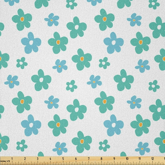 Ambesonne Floral Fabric by the Yard Microfiber, Summer Design Simple Flowers, 5 Yards, Blue Orange and White