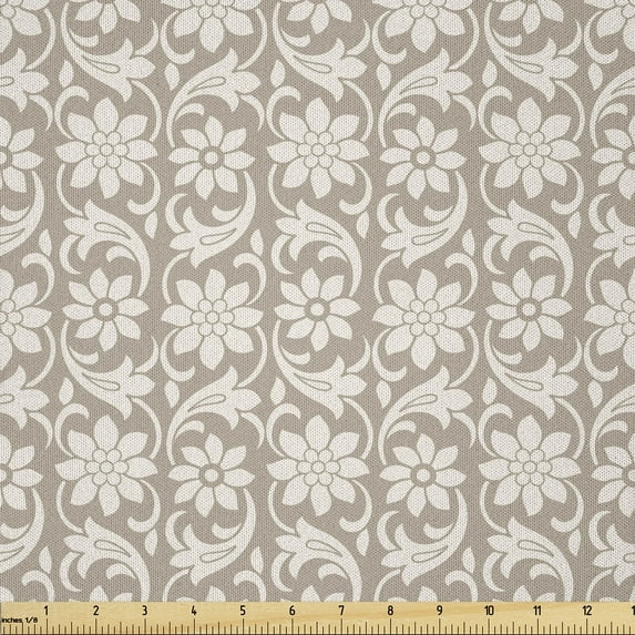 Ambesonne Floral Fabric by the Yard Microfiber, Swirls Flowers and Strokes, 5 Yards, Dark Eggshell Eggshell