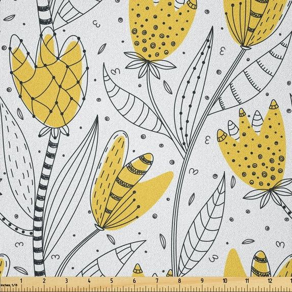 Ambesonne Floral Fabric by the Yard Microfiber, Tulips Petals Flowers Art, 1 Yard, Mustard and Dark Night Blue